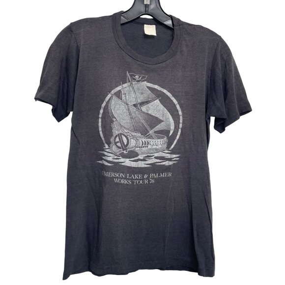 RARE Vintage 70s ELP EMERSON LAKE PALMER PIRATE SHIP 1978 TOUR S Small T-Shirt - Picture 2 of 9
